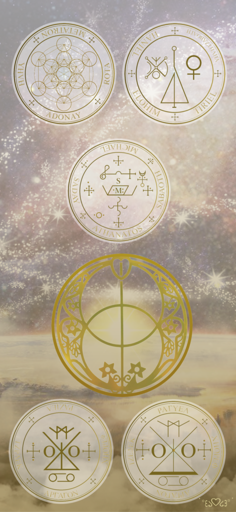 大天使ミカエル、大天使ハニエル、大天使メタトロン、大天使ラグエル（ラギュエル）、大天使ラジエルの召喚図スマホ壁紙