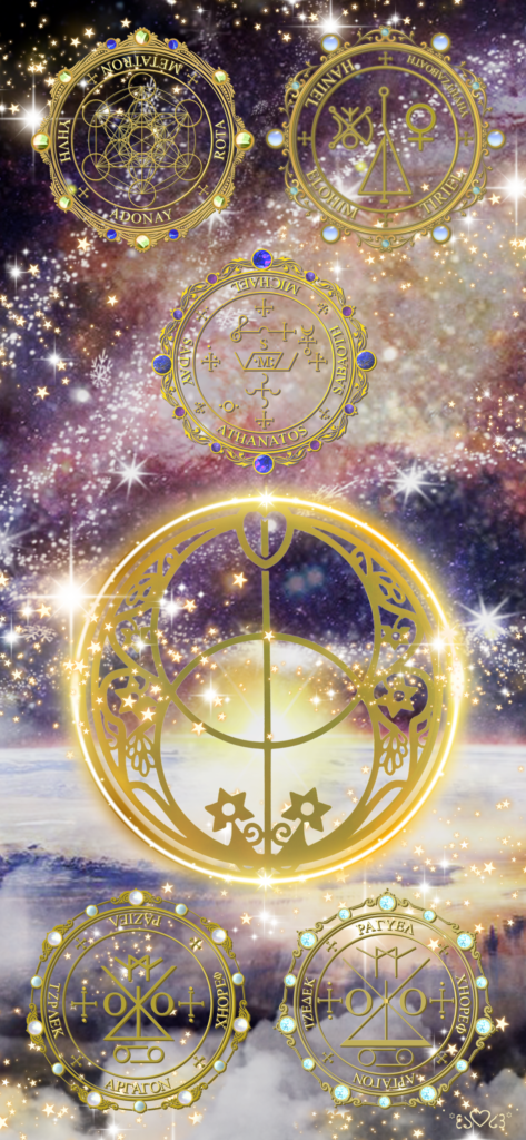 大天使ミカエル、大天使ハニエル、大天使メタトロン、大天使ラグエル（ラギュエル）、大天使ラジエルの召喚図スマホ壁紙